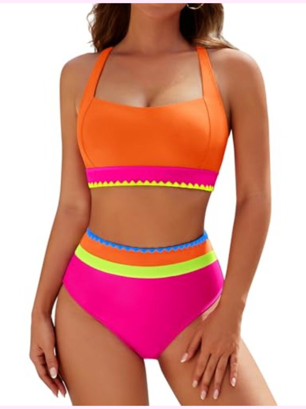 High Waisted Bikini Set with Tummy Control Modest Swim Retro Sporty Color Block